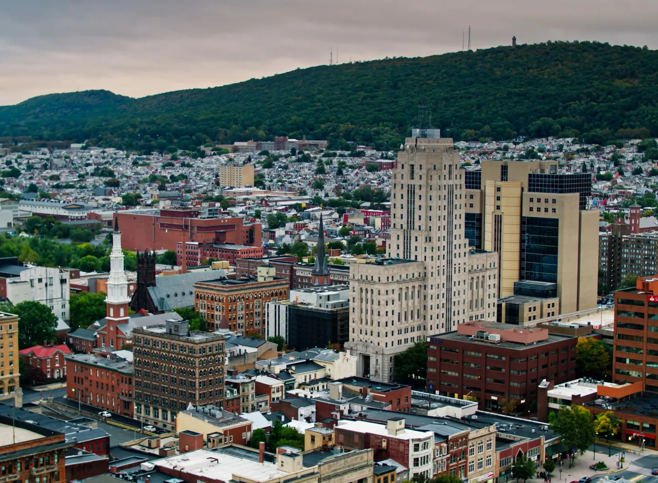 Aerial view of downtown Reading, PA, near BTI’s Wyomissing campus
